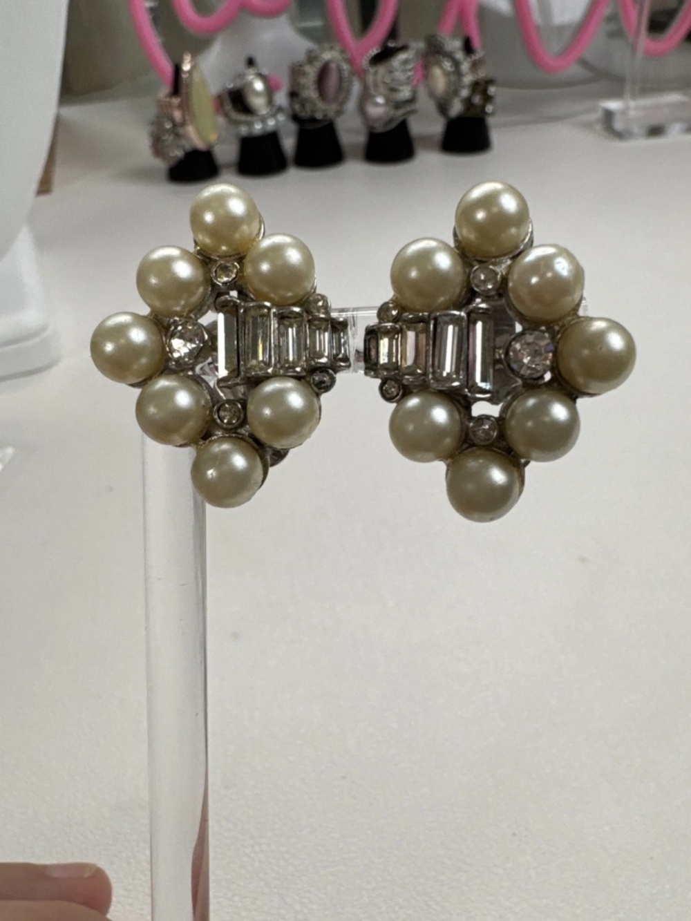 Vintage Signed HOLLYCRAFT Faux Pearl and Rhinestone Clip On Earrings